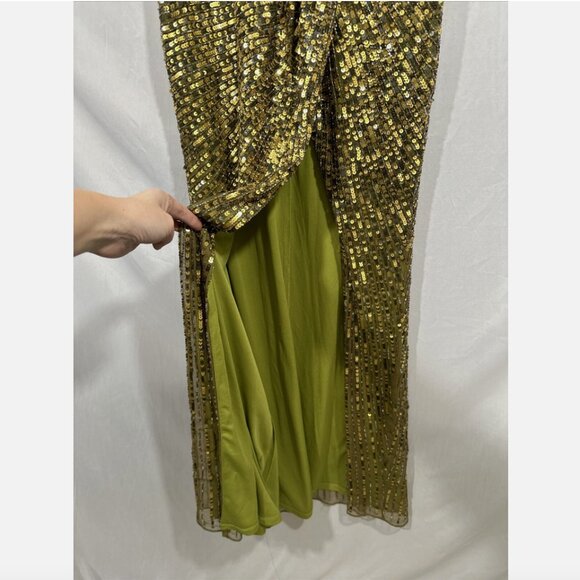 NWT $598 Mac Duggal [ 2 ]‎ Sequined Faux Wrap Cap Sleeve Gown Olive Green #Q714 - Picture 13 of 16